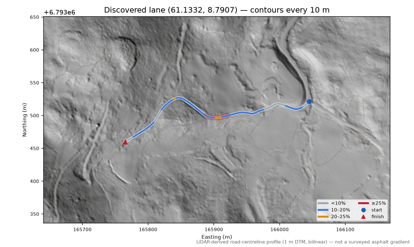 Nordabergsvegen (Furuhaugen) LiDAR hillshade map with contours