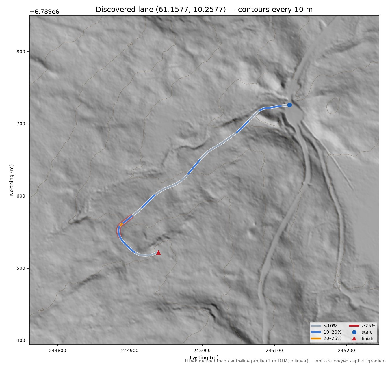 Lane near Kinna LiDAR hillshade map with contours
