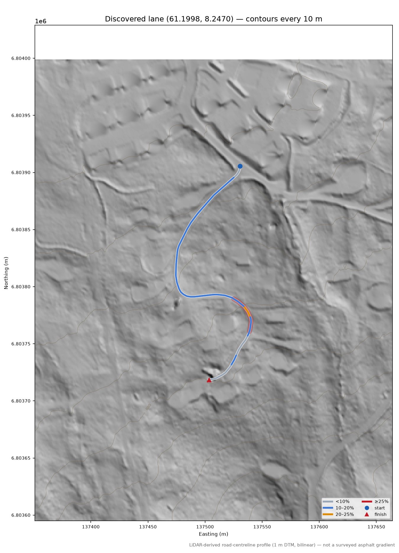 Finndalsvegen (Kølabrunhaugadn) LiDAR hillshade map with contours