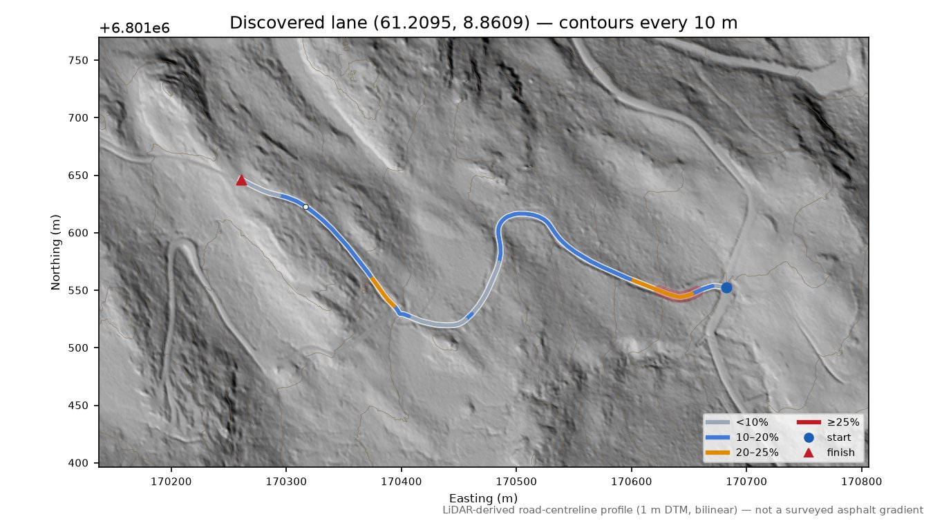 Raudalsvegen (Grauteberg) LiDAR hillshade map with contours