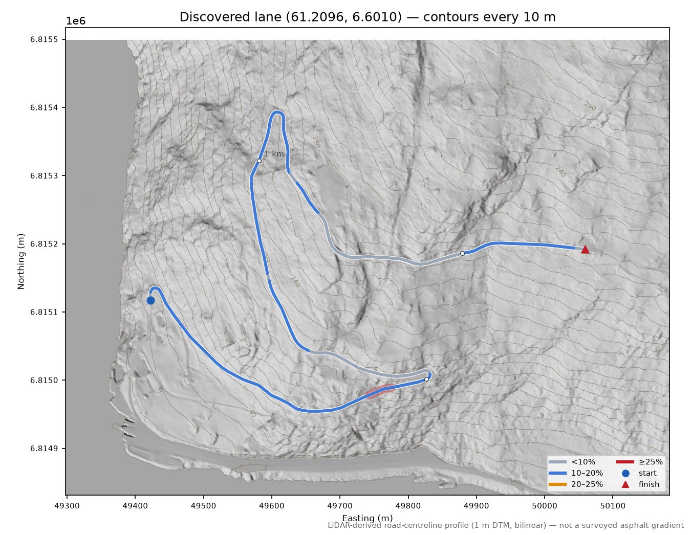 Lane near Hella LiDAR hillshade map with contours