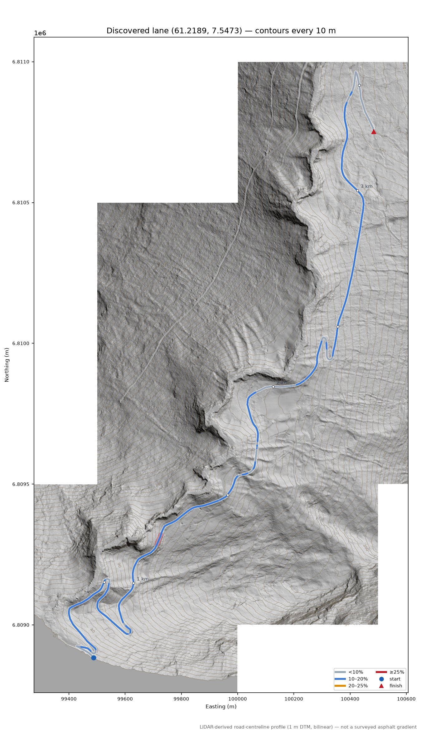 Ofredalsvegen (Indre Ofredal) LiDAR hillshade map with contours