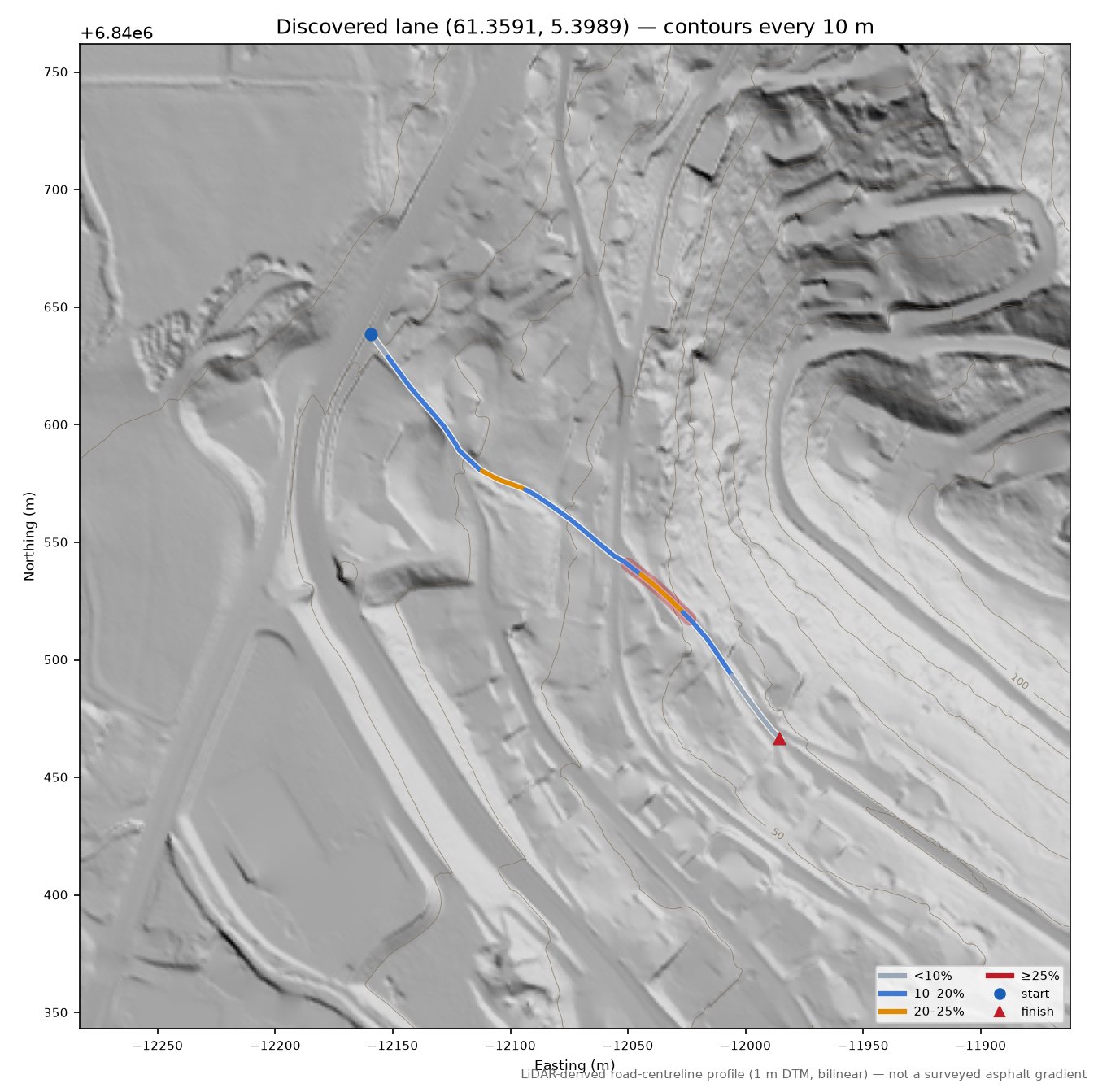 Hatledalsvegen (Dale) LiDAR hillshade map with contours