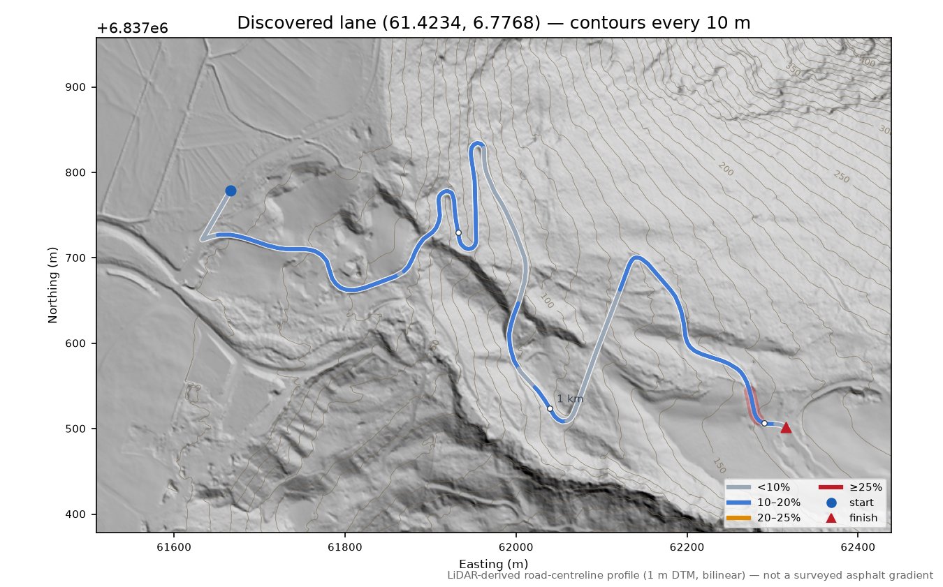 Lane near Nedste Våteviki LiDAR hillshade map with contours