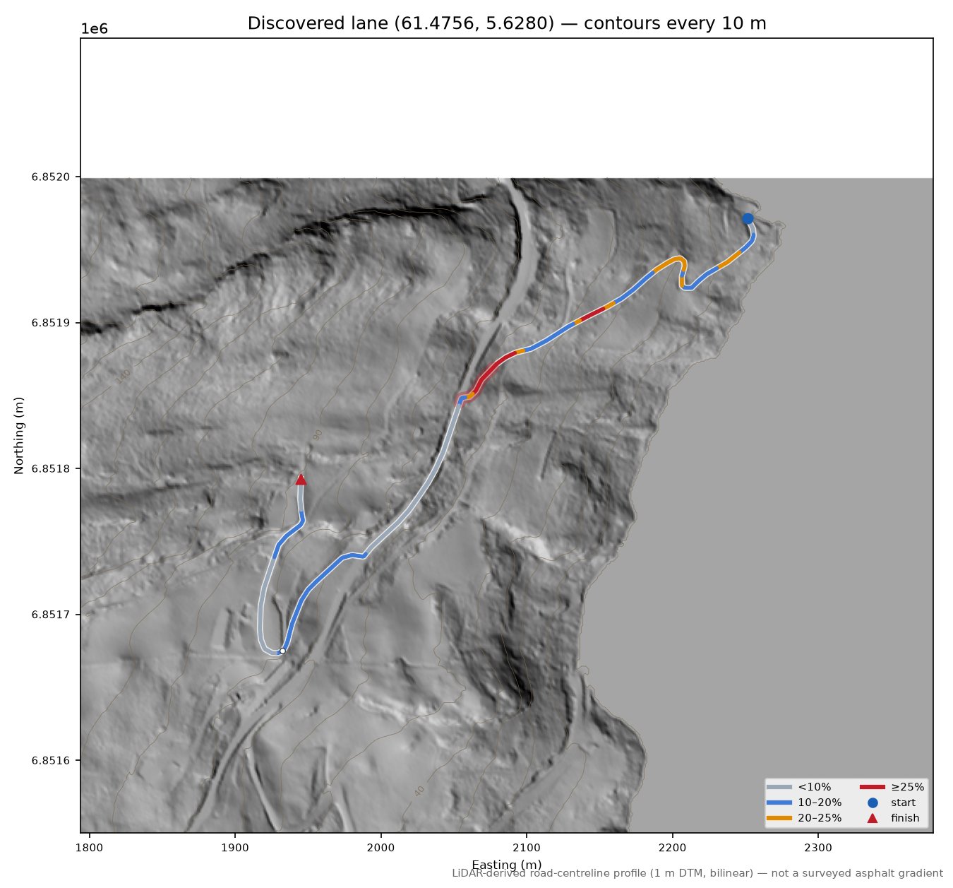 Fjordavegen (Frammarsvik) LiDAR hillshade map with contours