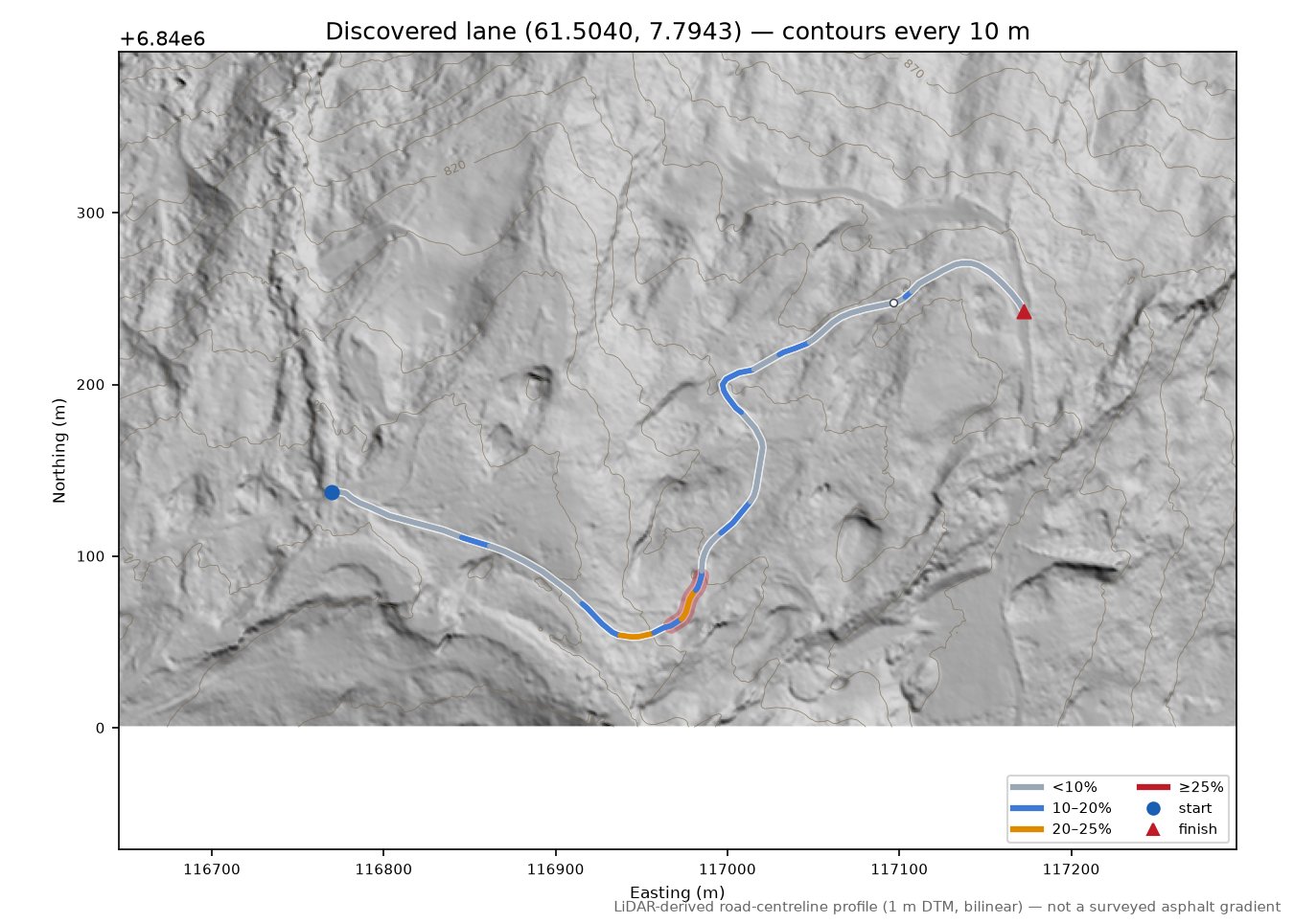Lane near Storhaug LiDAR hillshade map with contours