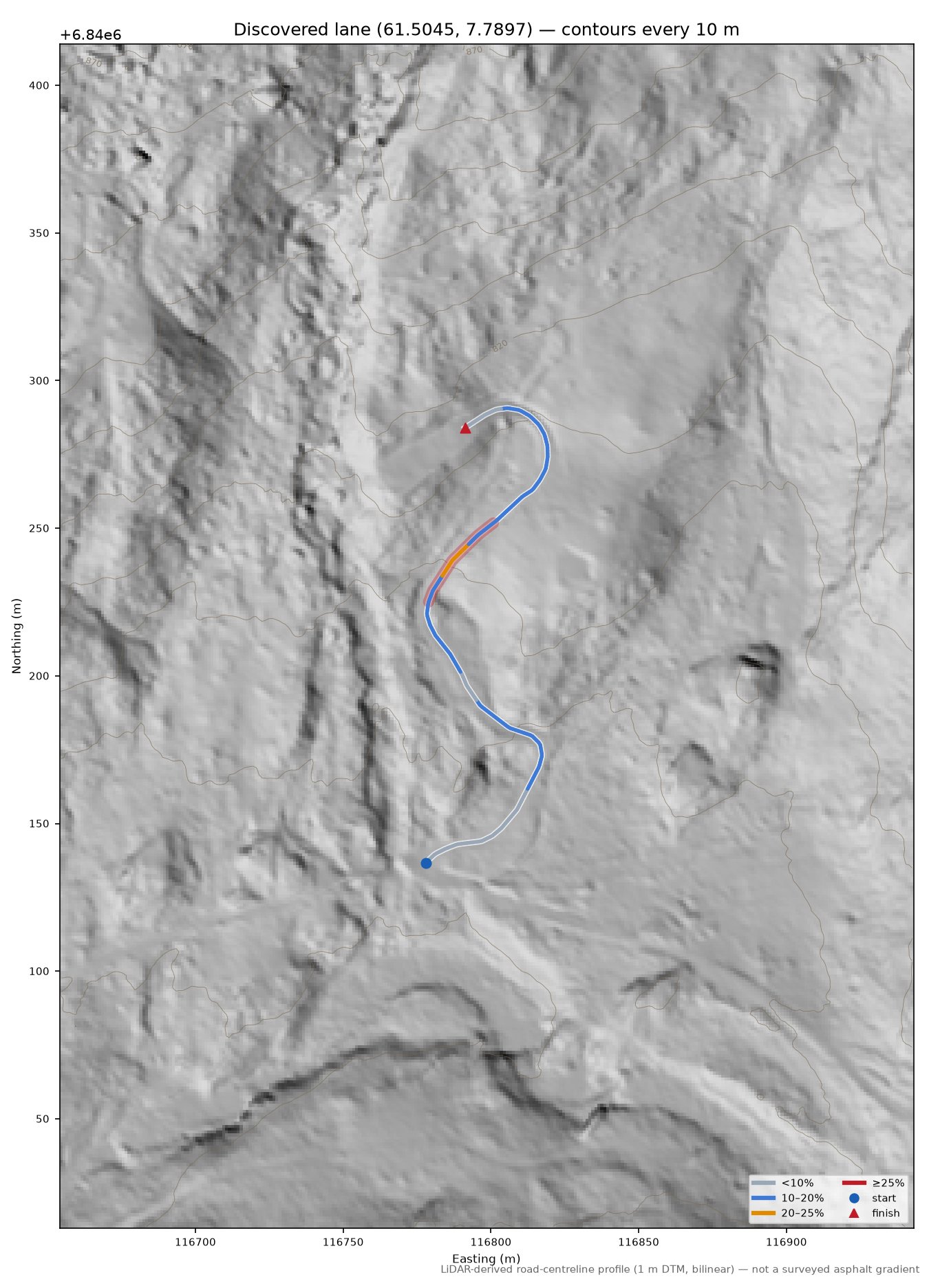 Lane near Storhaug LiDAR hillshade map with contours