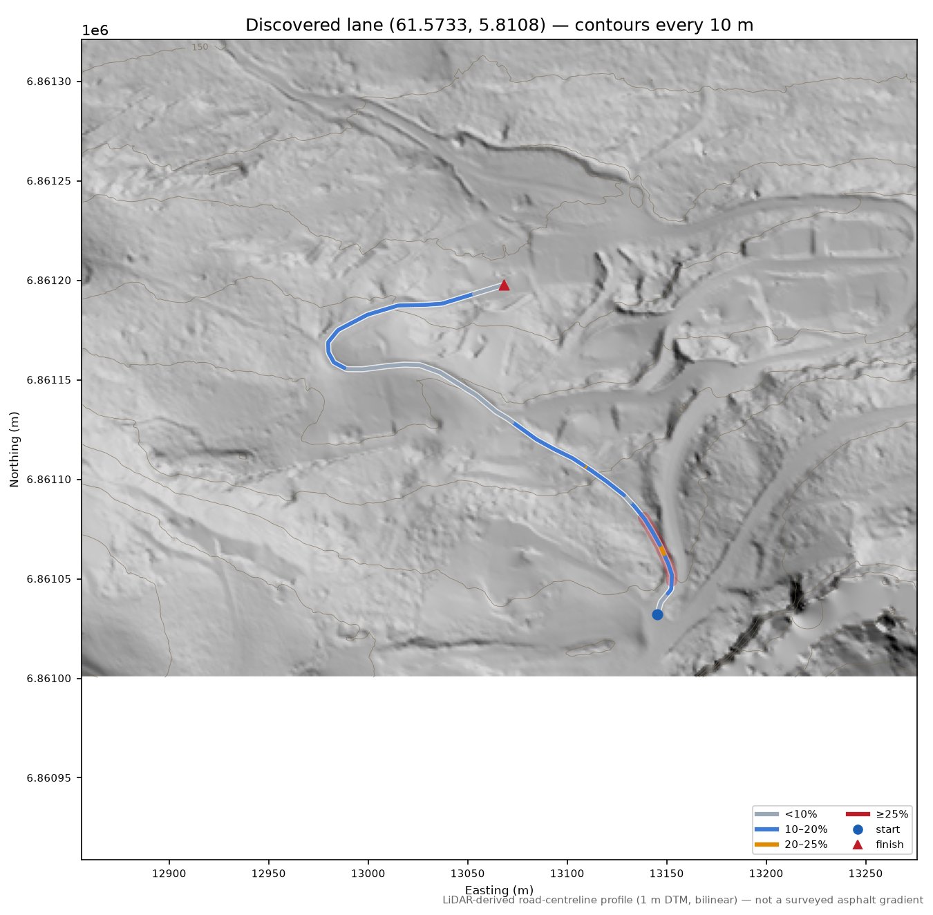 Lane near Ullaland LiDAR hillshade map with contours