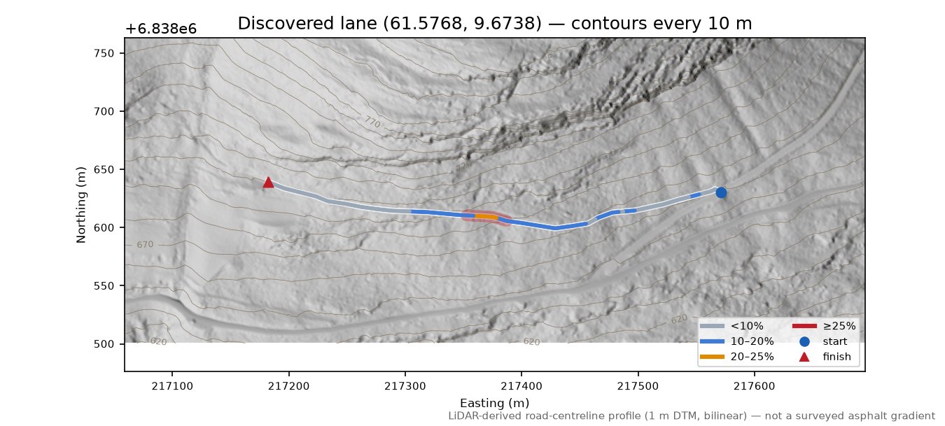 Høgsetervegen (Helgefjell) LiDAR hillshade map with contours