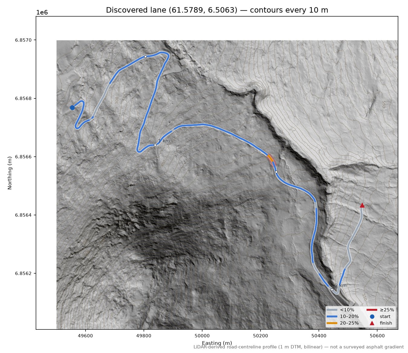 Lane near Fossheim LiDAR hillshade map with contours