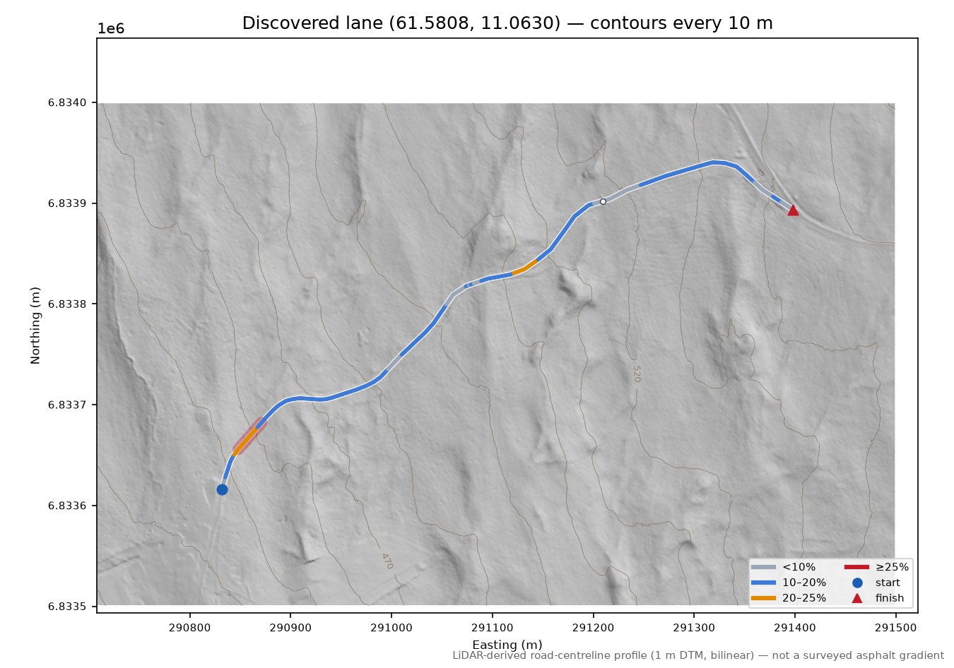 Moraveien (Koppang) LiDAR hillshade map with contours
