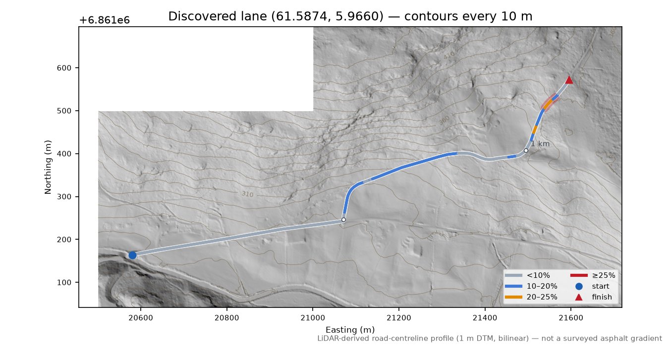 Naustedalen (Fimland) LiDAR hillshade map with contours