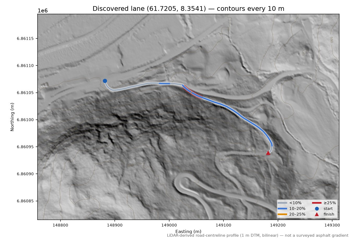 Galdhøpiggvegen (Galdbygde) LiDAR hillshade map with contours