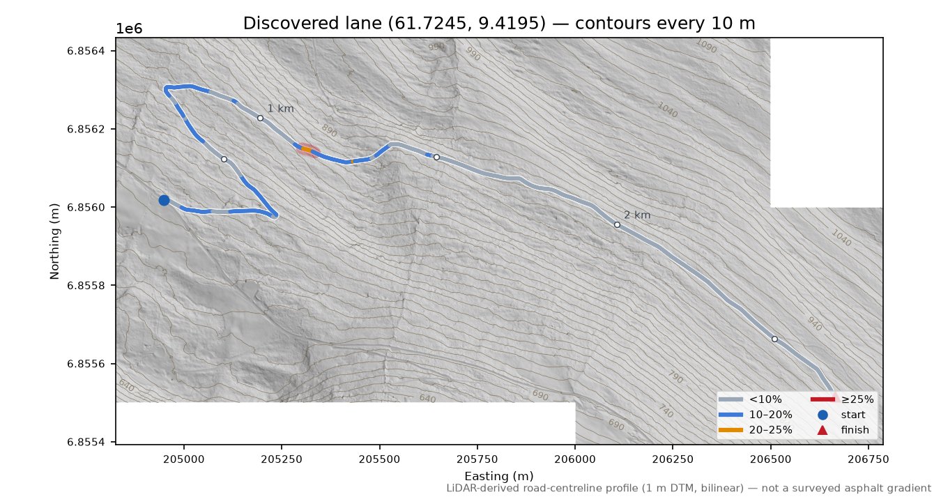 Øverbygdsvegen (Roteigen) LiDAR hillshade map with contours