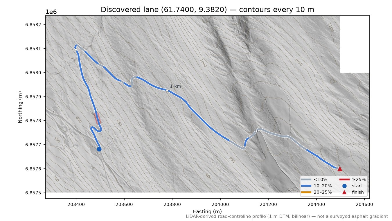 Øverbygdsvegen (Brennhaugen) LiDAR hillshade map with contours