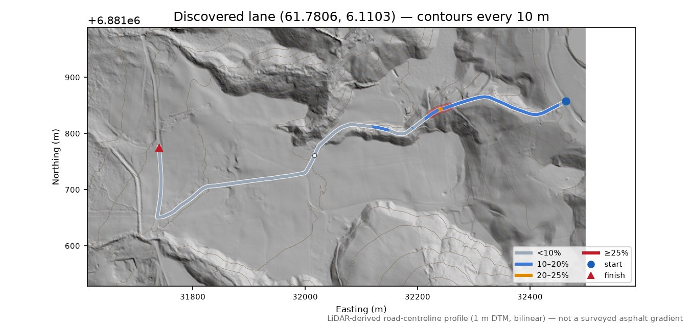 Øvre Sørstranda (Sørstranda) LiDAR hillshade map with contours
