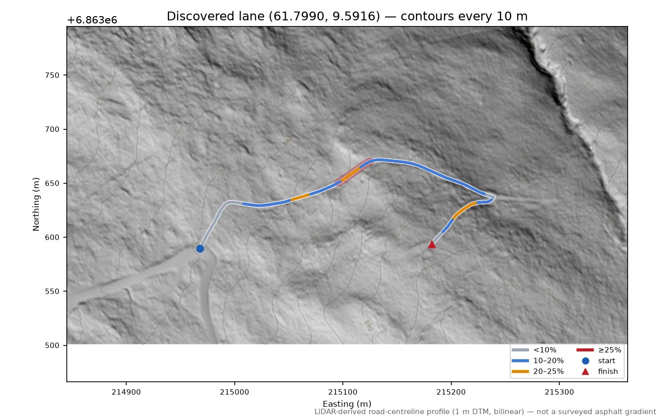 Raphamnvegen (Botthaugen) LiDAR hillshade map with contours