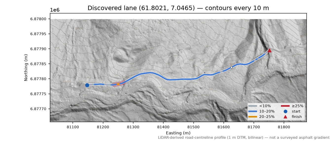 Lane near Bødal LiDAR hillshade map with contours