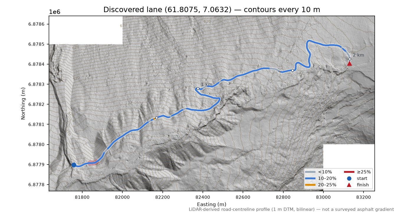 Lane near Bødalssætra LiDAR hillshade map with contours