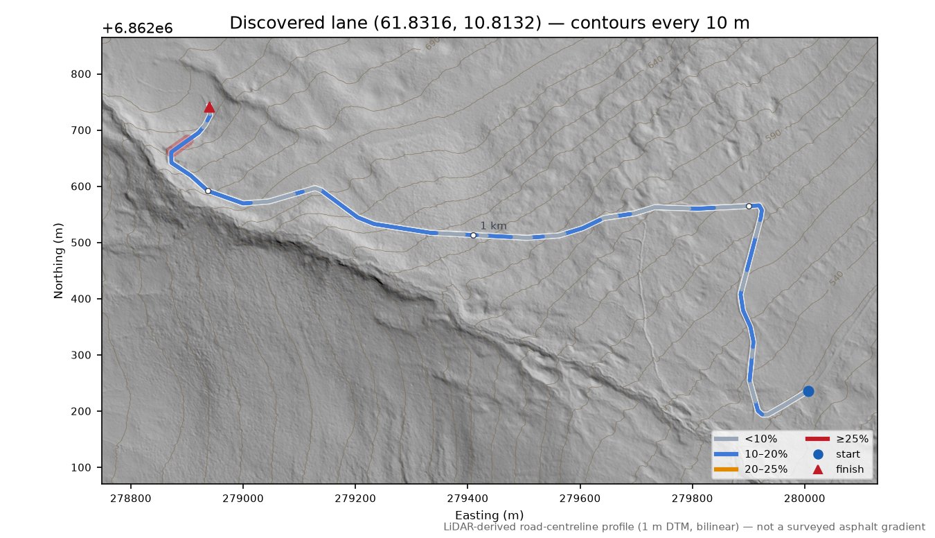 Lane near Måsåbua LiDAR hillshade map with contours