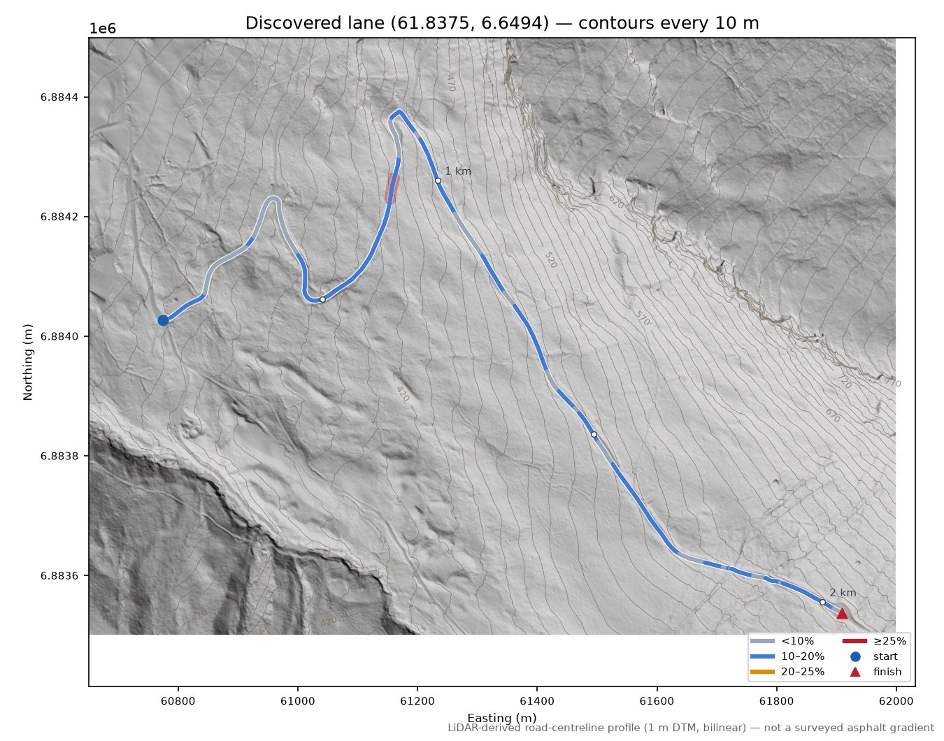 Dragesetvegen (Drageset) LiDAR hillshade map with contours
