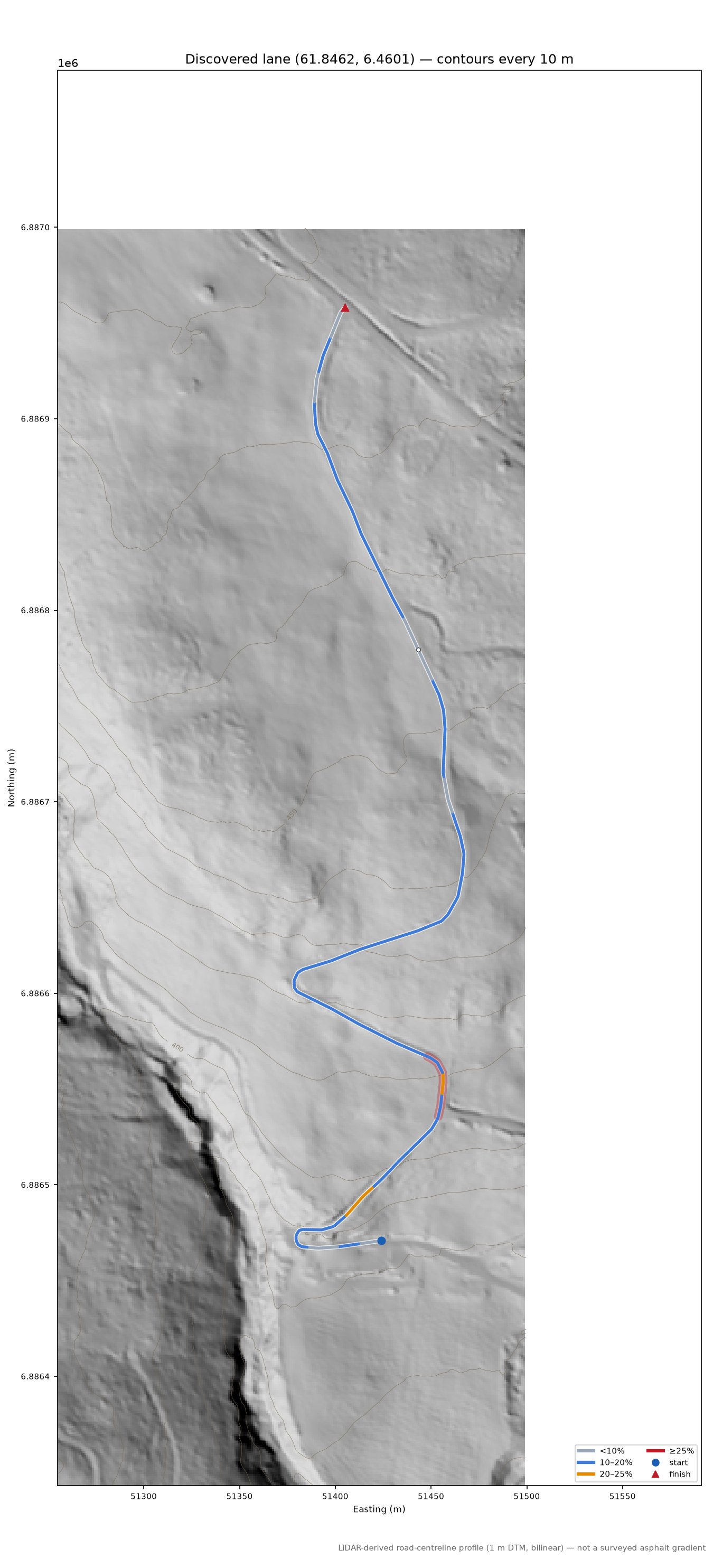 Lane near Bergset LiDAR hillshade map with contours