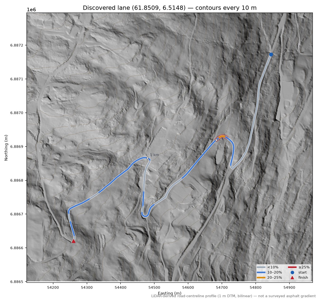 Panoramavegen (Roset) LiDAR hillshade map with contours