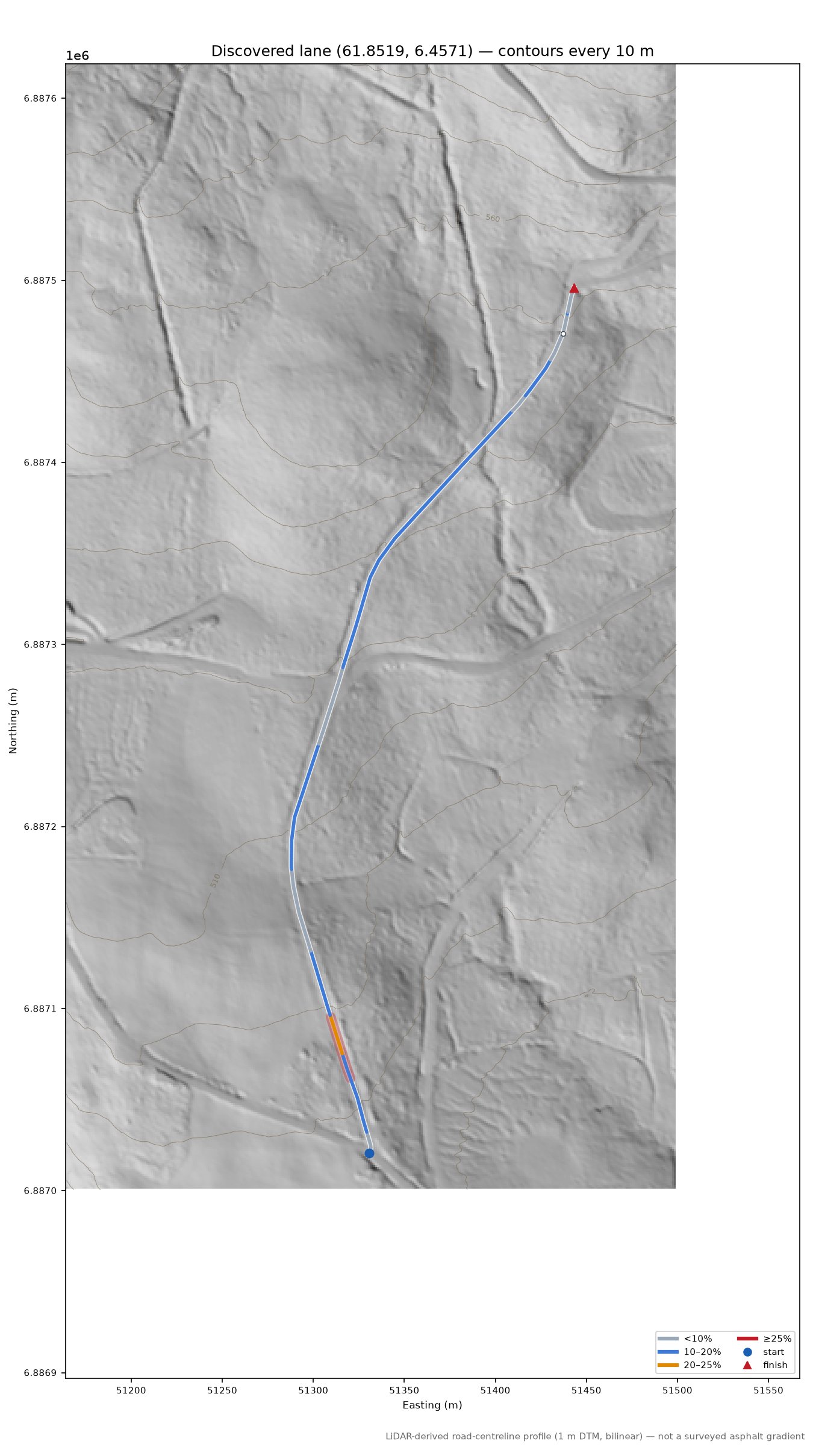 Lane near Resene LiDAR hillshade map with contours