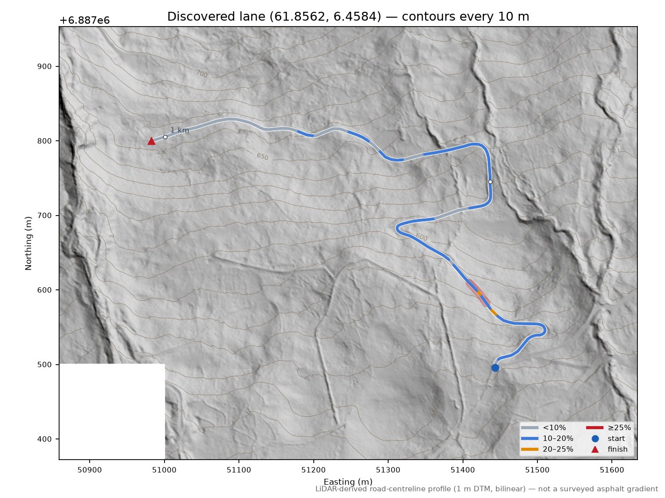 Lane near Resene LiDAR hillshade map with contours