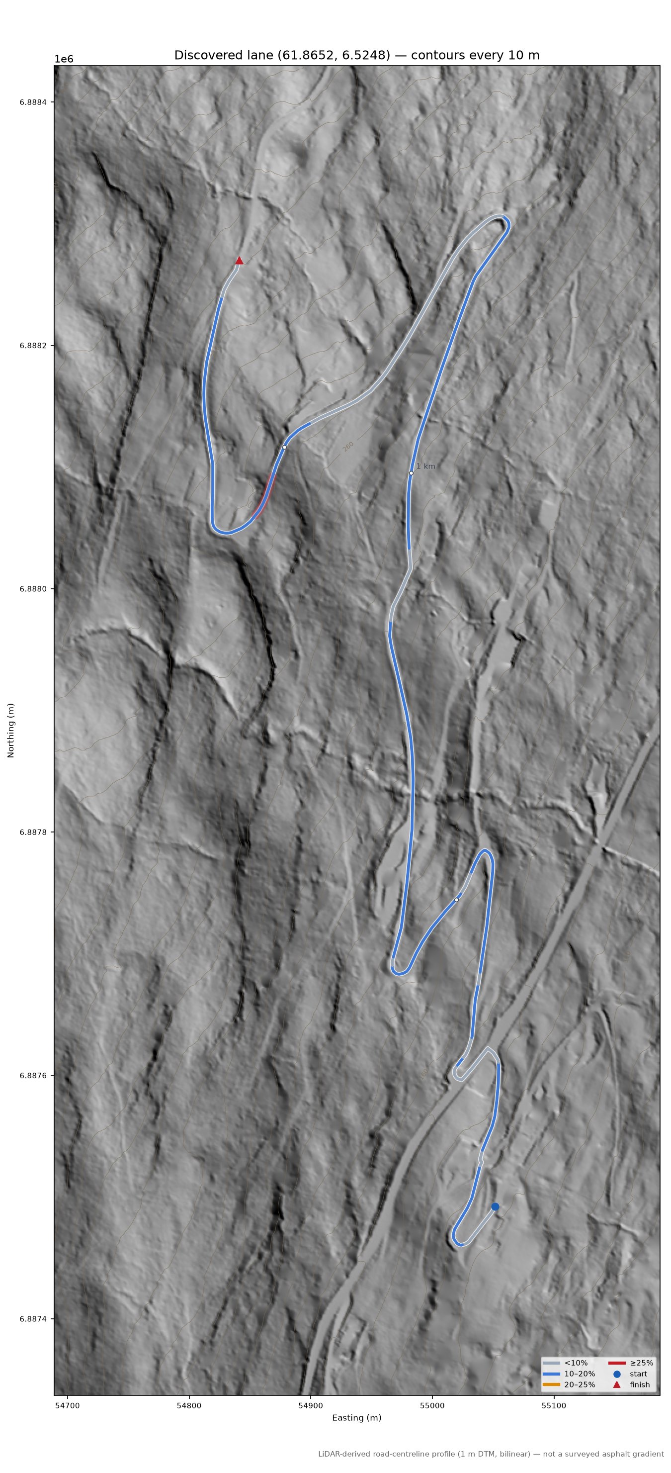 Panoramavegen (Blakset) LiDAR hillshade map with contours