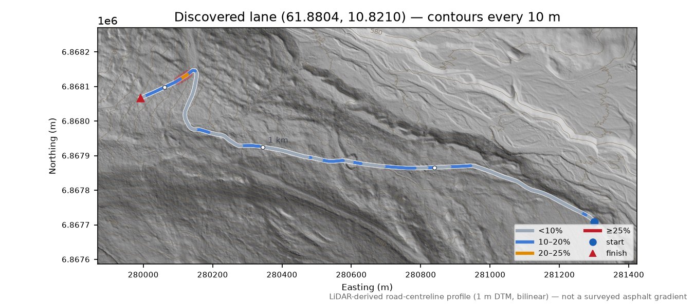 Lane near Stavika LiDAR hillshade map with contours