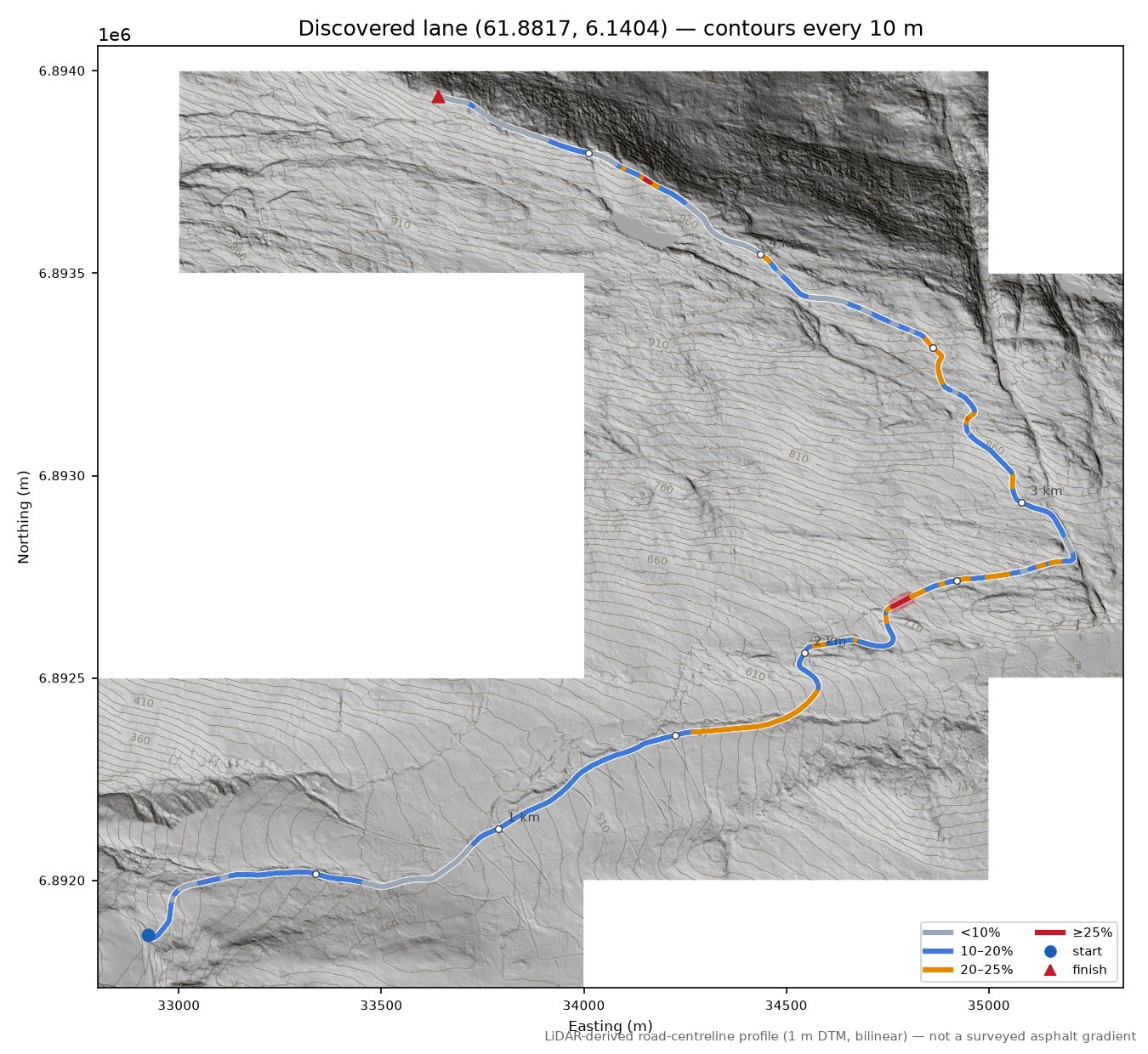 Lotsbergvegen (Lotsstøylen) LiDAR hillshade map with contours