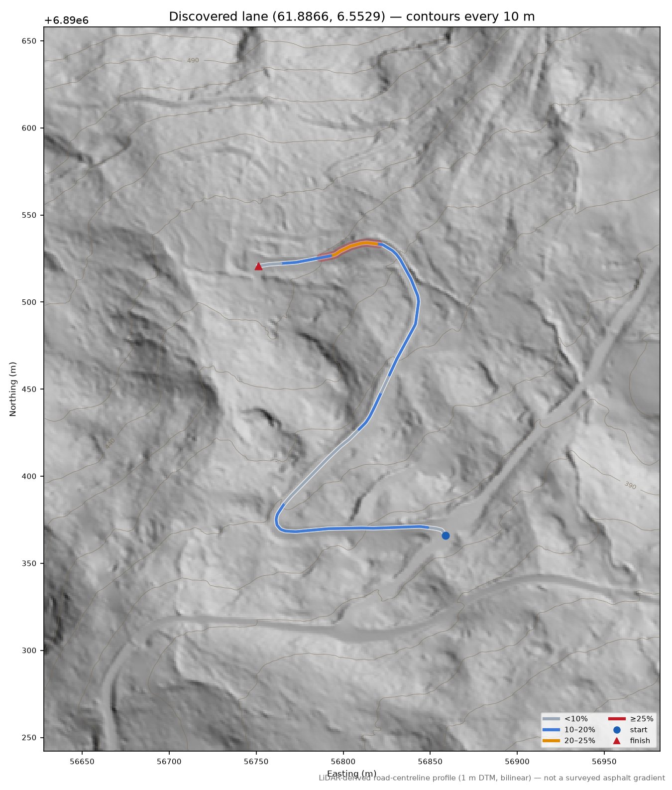 Lane near Robjørgane LiDAR hillshade map with contours