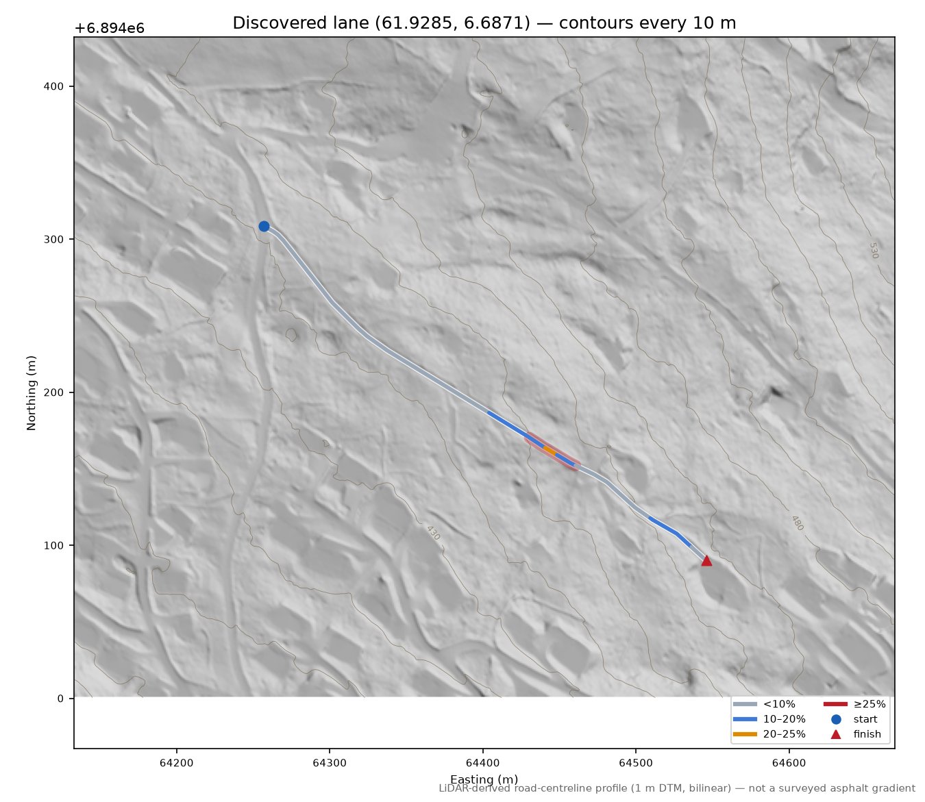 Gamle sætrevegen (Bøasætra) LiDAR hillshade map with contours