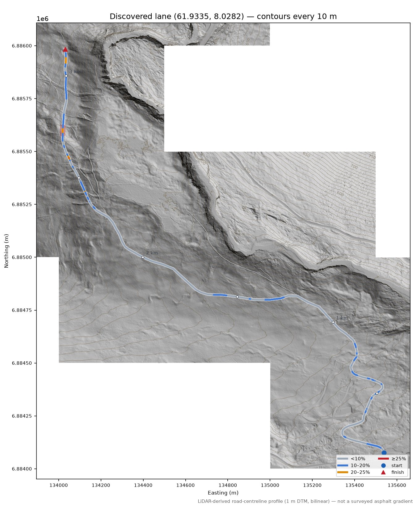 Uppnåsvegen (Måne) LiDAR hillshade map with contours