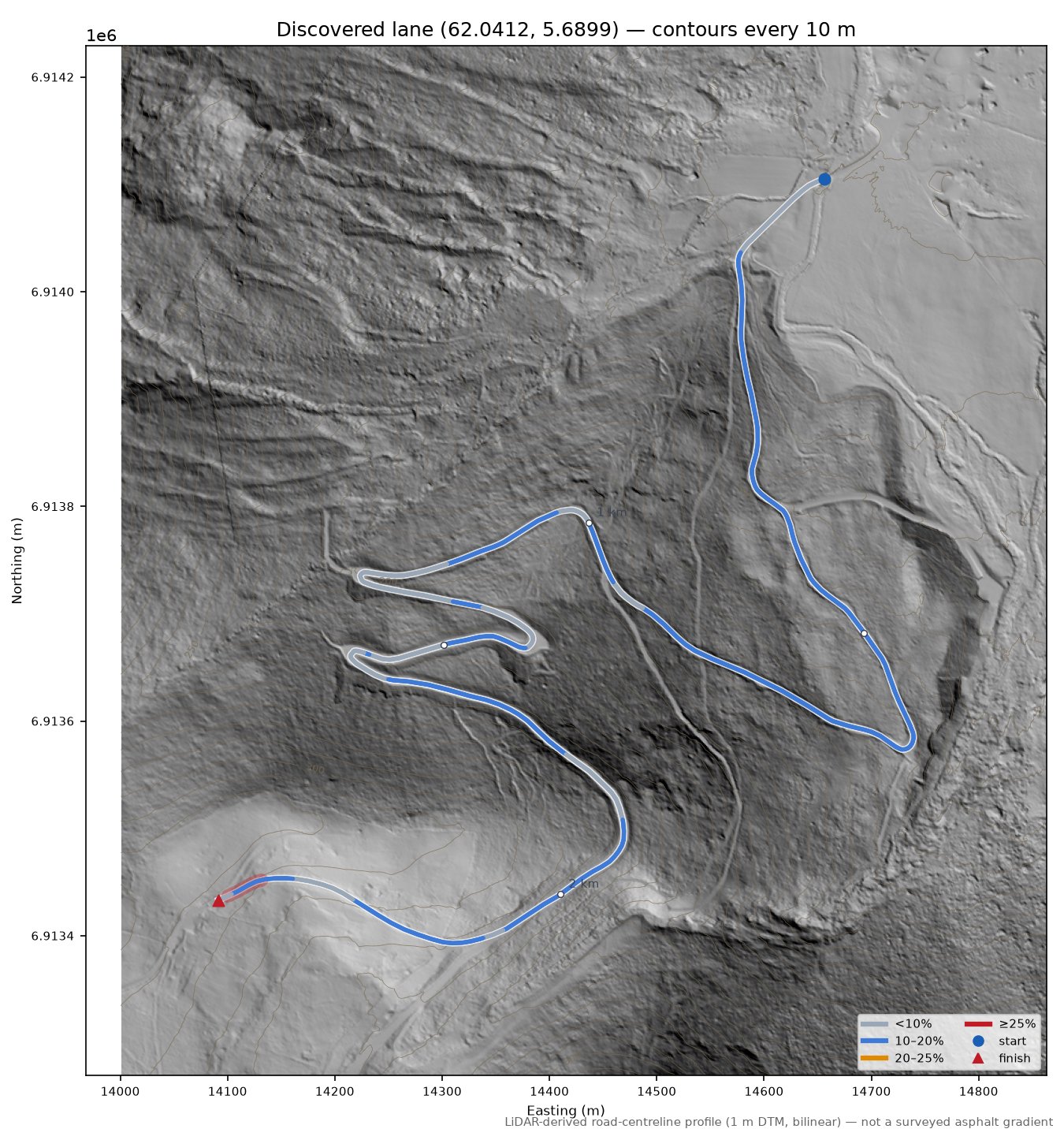 Saurdalsvegen (Berget) LiDAR hillshade map with contours