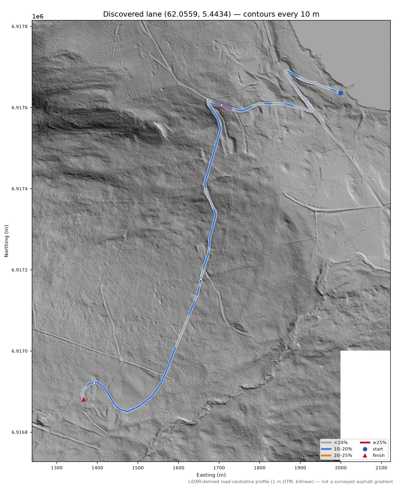 Vestkappvegen (Årsheim) LiDAR hillshade map with contours