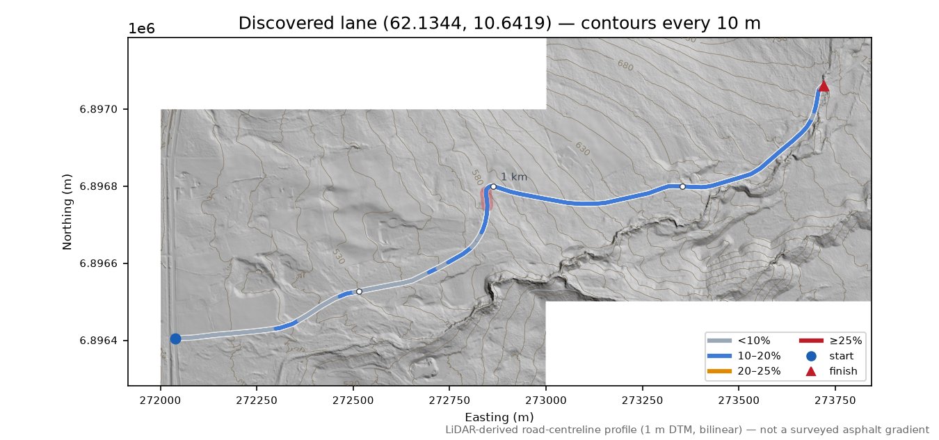 Brannvålsveien (Tronsli) LiDAR hillshade map with contours