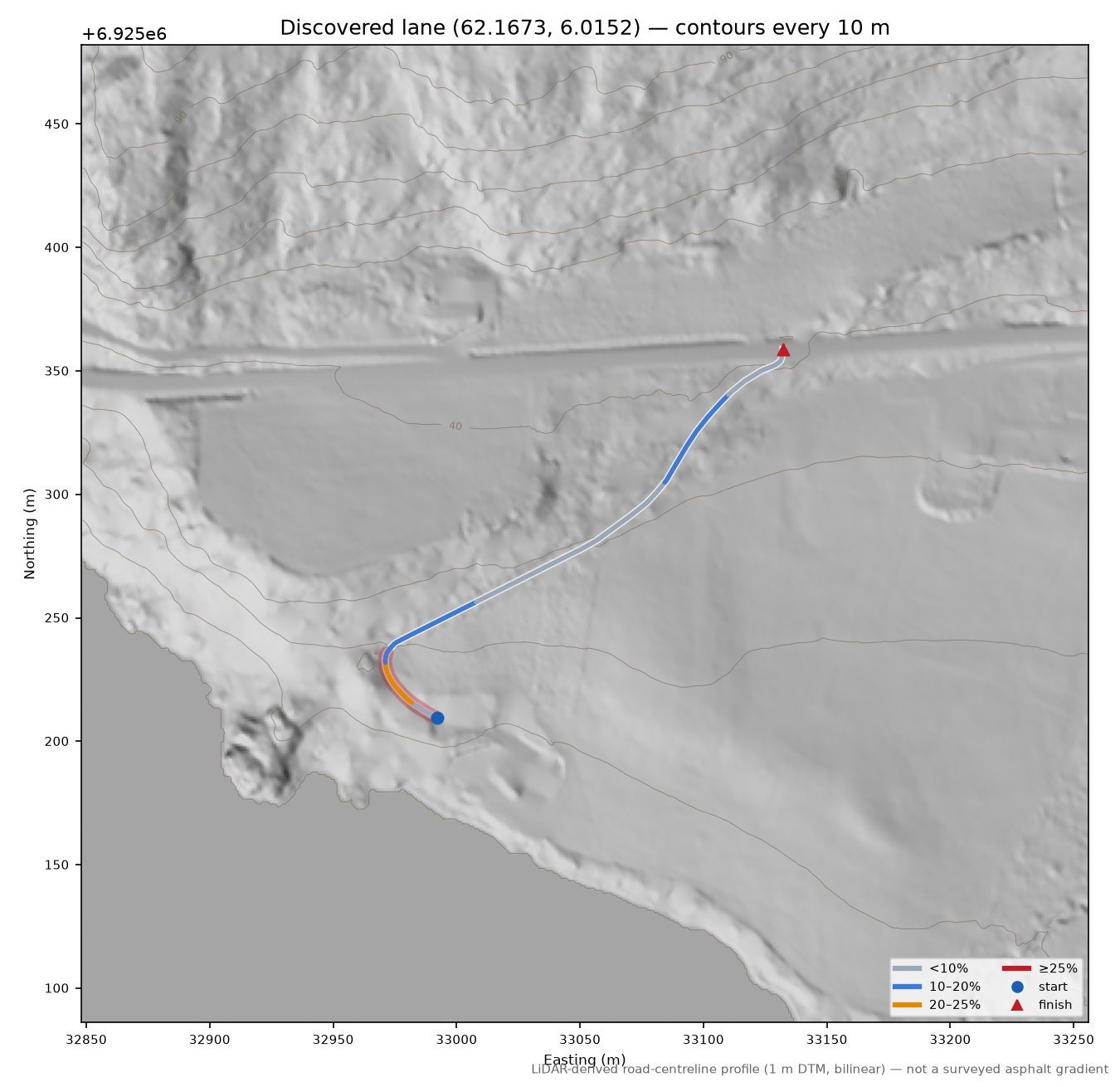 Berknesvegen (Ekset) LiDAR hillshade map with contours