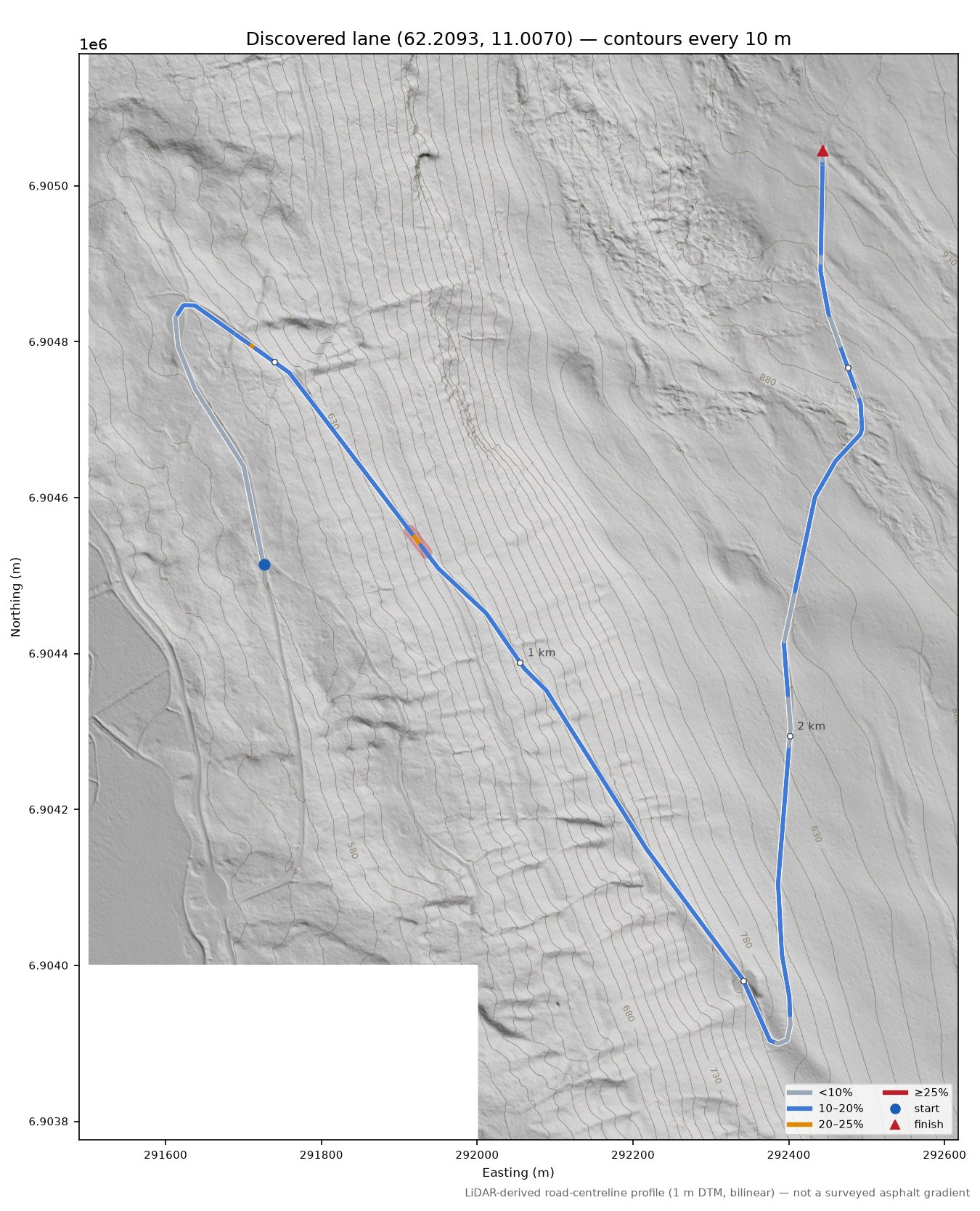 Lane near Plassen LiDAR hillshade map with contours