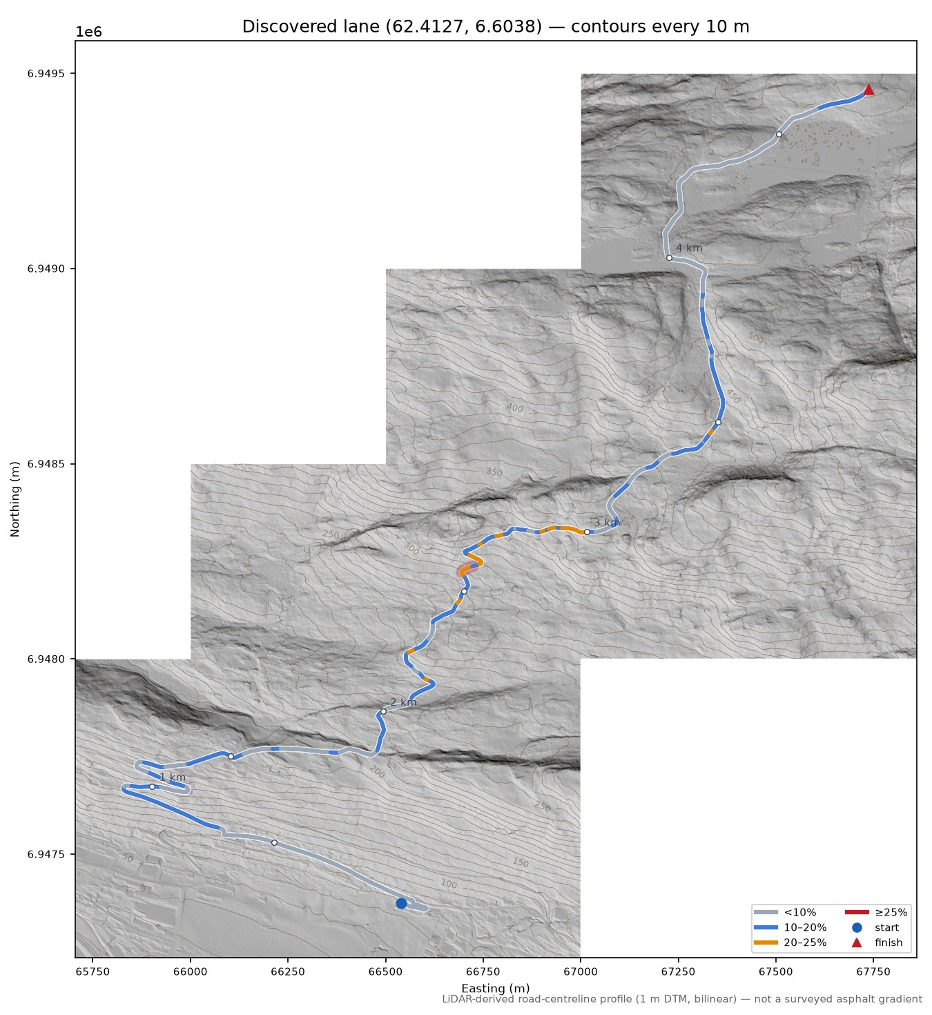 Åsvegen (Åsen) LiDAR hillshade map with contours