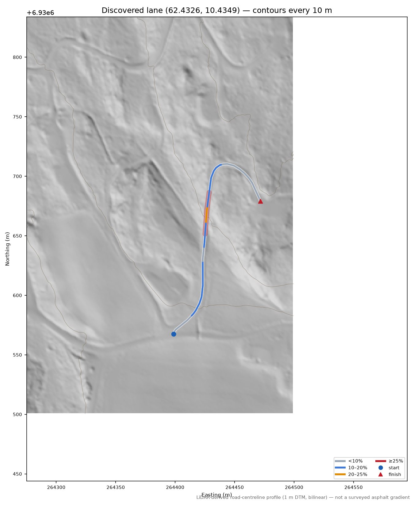 Mogardsveien (Tunndalen) LiDAR hillshade map with contours