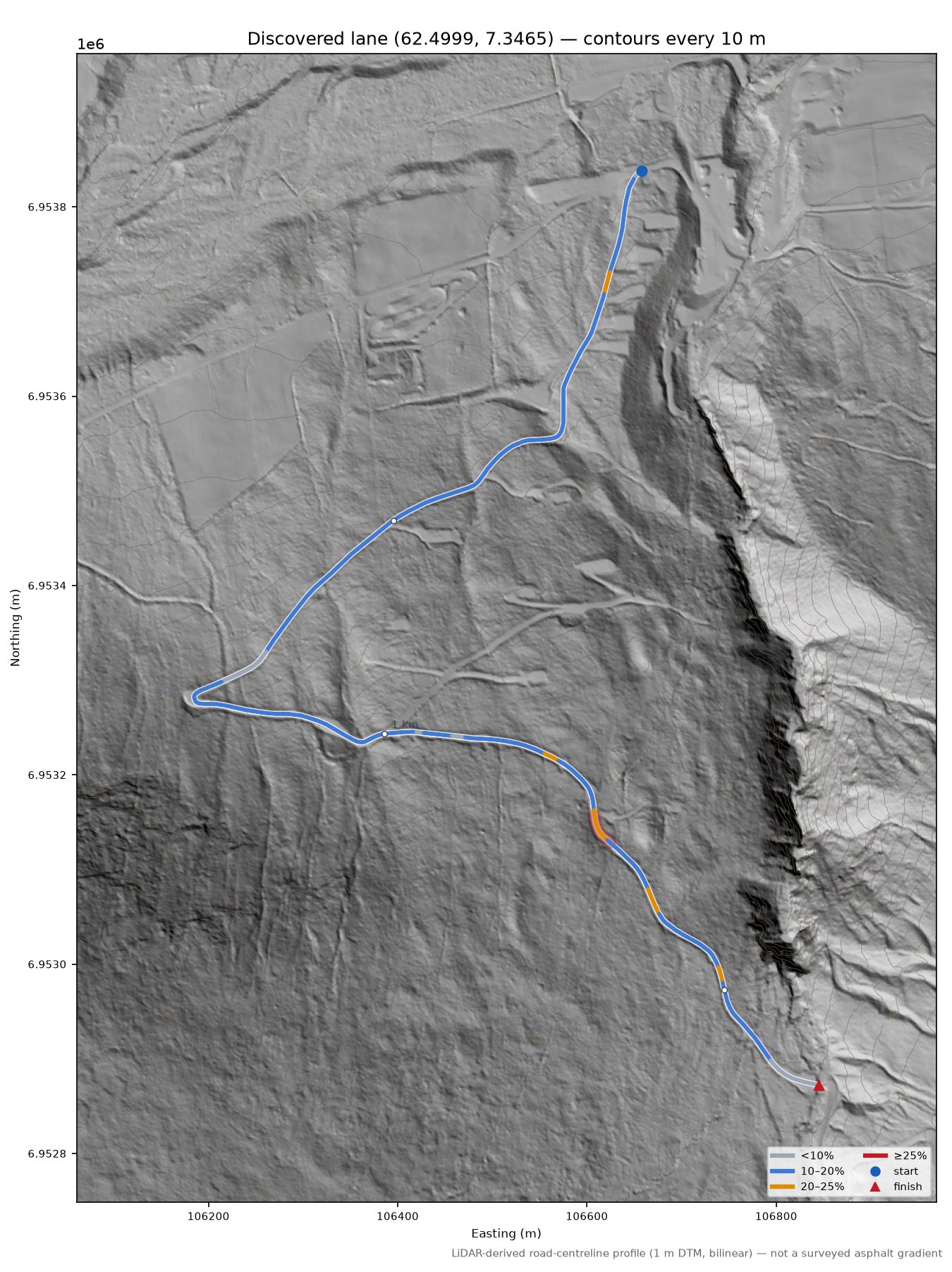 Skarvegen (Storfosshola) LiDAR hillshade map with contours