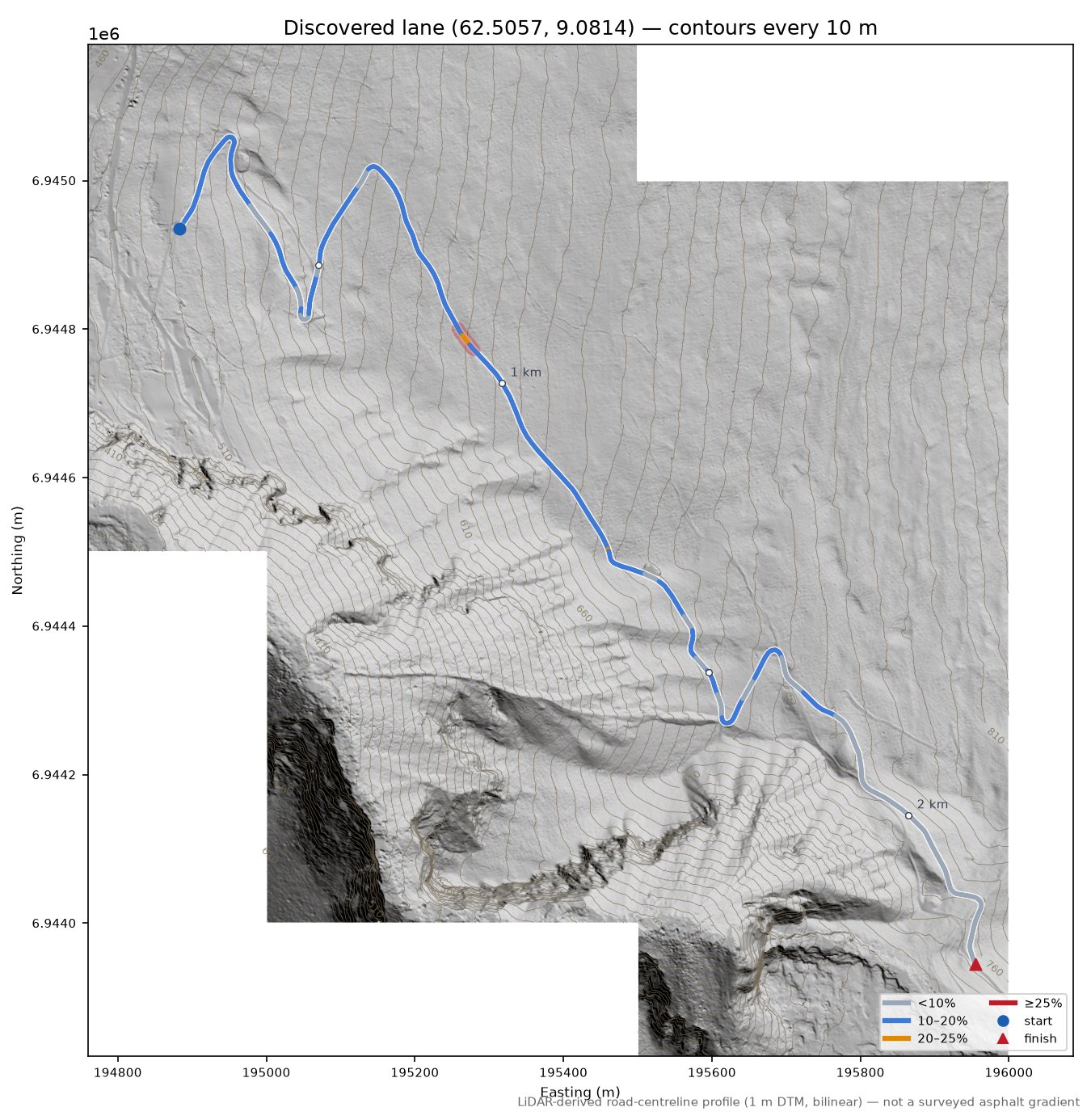 Lane near Jenstad LiDAR hillshade map with contours