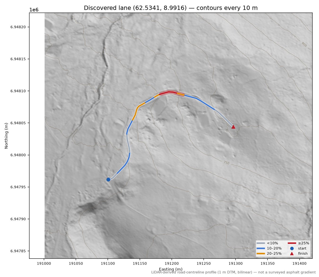 Lane near Tøftvangen LiDAR hillshade map with contours