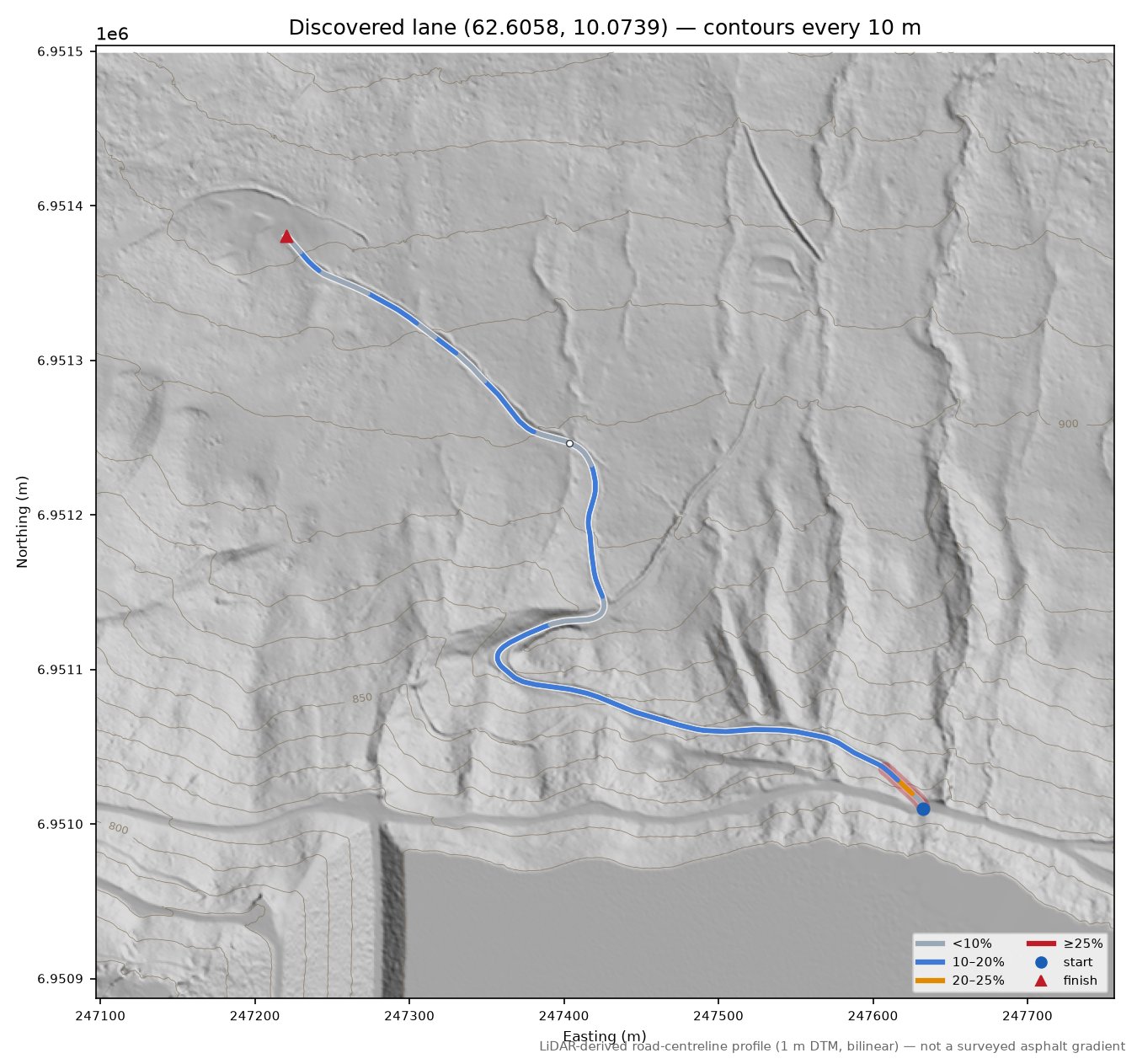 Innerdalsveien (Botnangardan) LiDAR hillshade map with contours