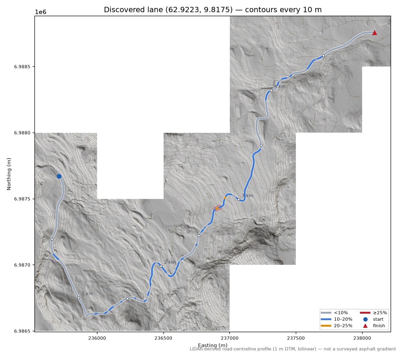Tverdalsveien (Ry) LiDAR hillshade map with contours