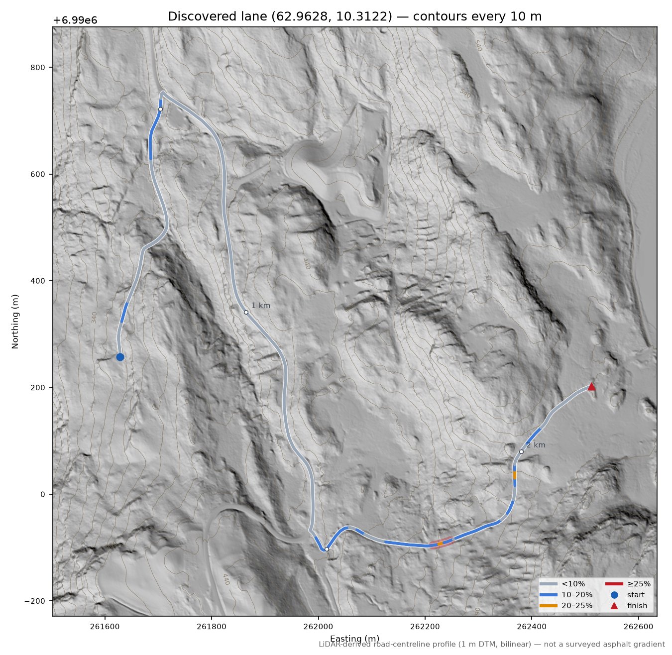 Haukdalsveien (Ramstad) LiDAR hillshade map with contours