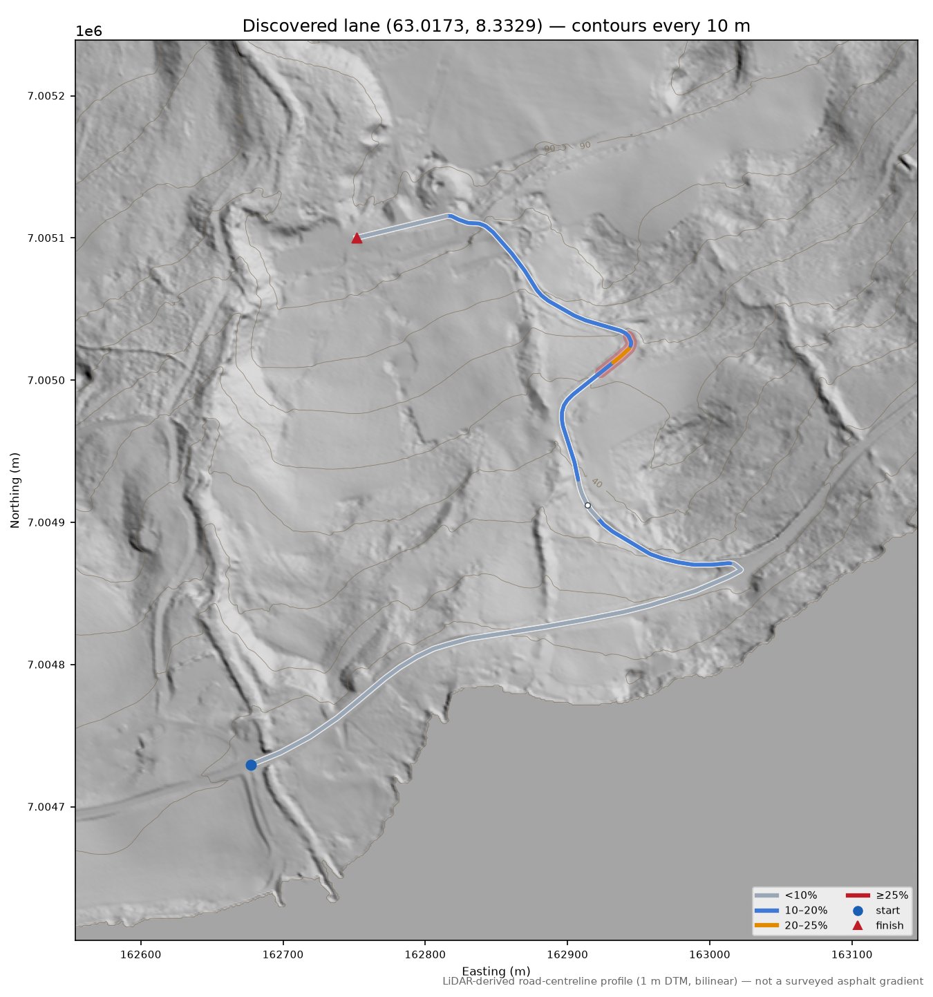 Nordstrandsvegen (Dragset) LiDAR hillshade map with contours