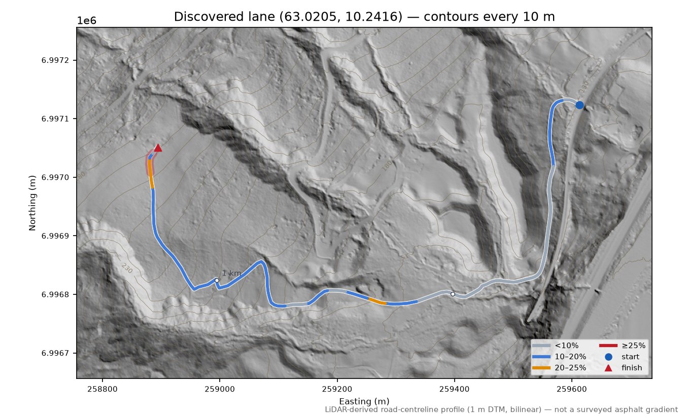 Lane near Soknesvollen LiDAR hillshade map with contours